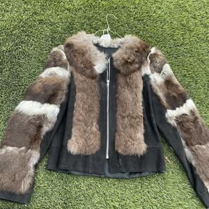 Vintage Rabbit Fur Suede Full Zip Bomber Jacket Womens Small Genuine Fur Coat